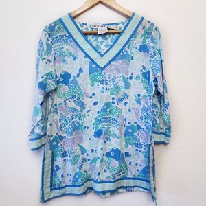 Gretchen Scott Fish Print Tunic Top Blouse Coverup Cotton Beachy Coastal Small